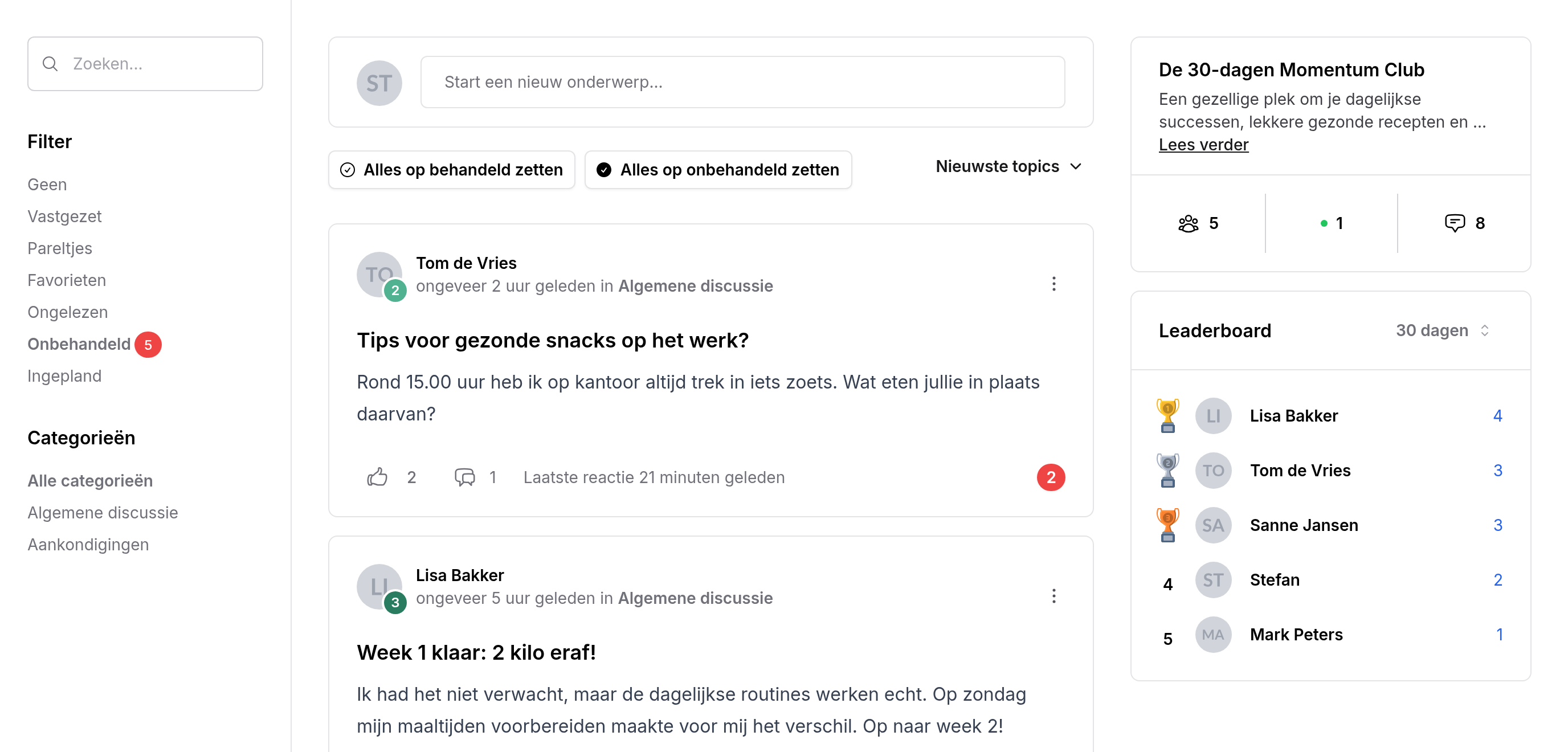 Groep met het filter Onbehandeld geselecteerd, de knoppen Alles op behandeld zetten en Alles op onbehandeld zetten, en topics met een rood aantal onbehandelde berichten