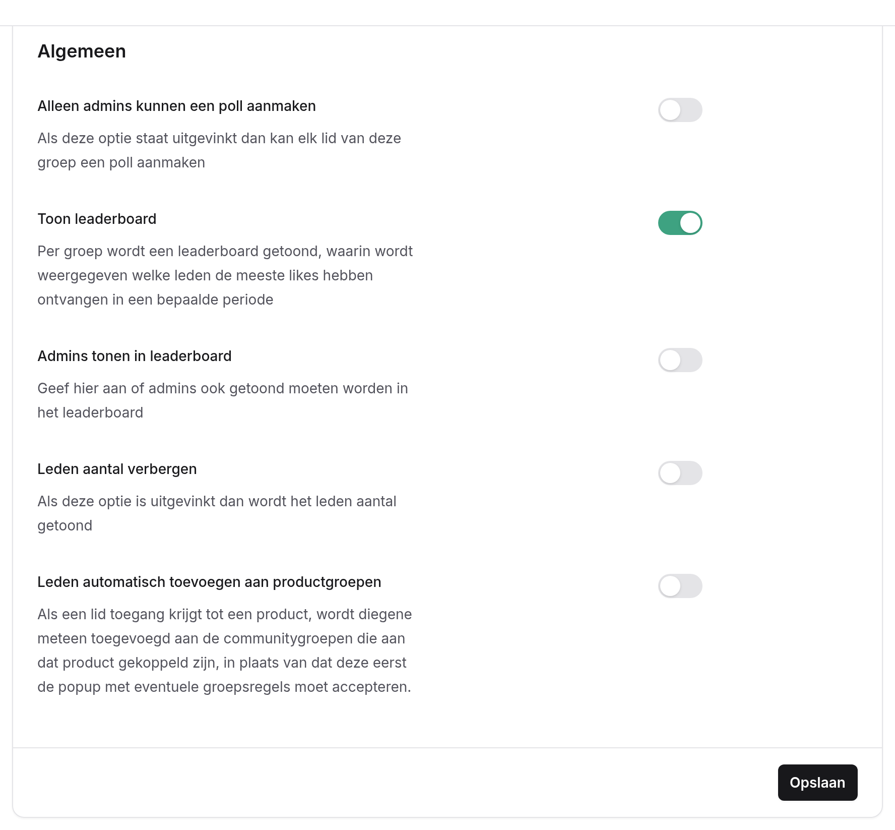Algemene instellingen met de schakelaars Alleen admins kunnen een poll aanmaken, Toon leaderboard, Admins tonen in leaderboard, Leden aantal verbergen en Leden automatisch toevoegen aan productgroepen