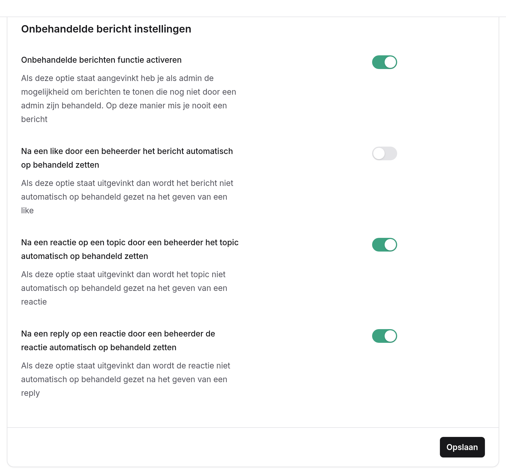 Onbehandelde bericht instellingen met Onbehandelde berichten functie activeren en drie schakelaars om berichten automatisch op behandeld te zetten