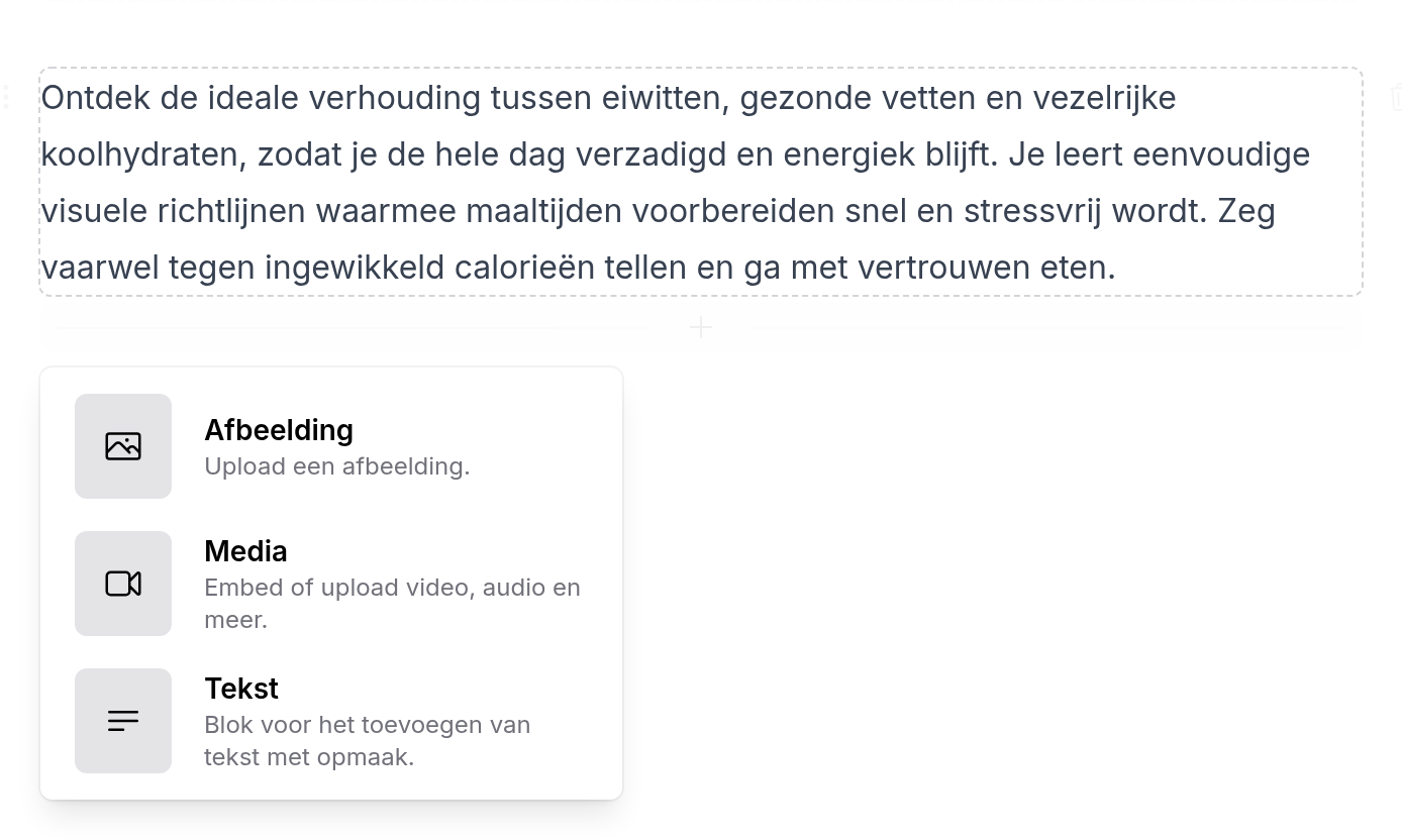 Tekstblok van een les met daaronder het menu met Afbeelding, Media en Tekst