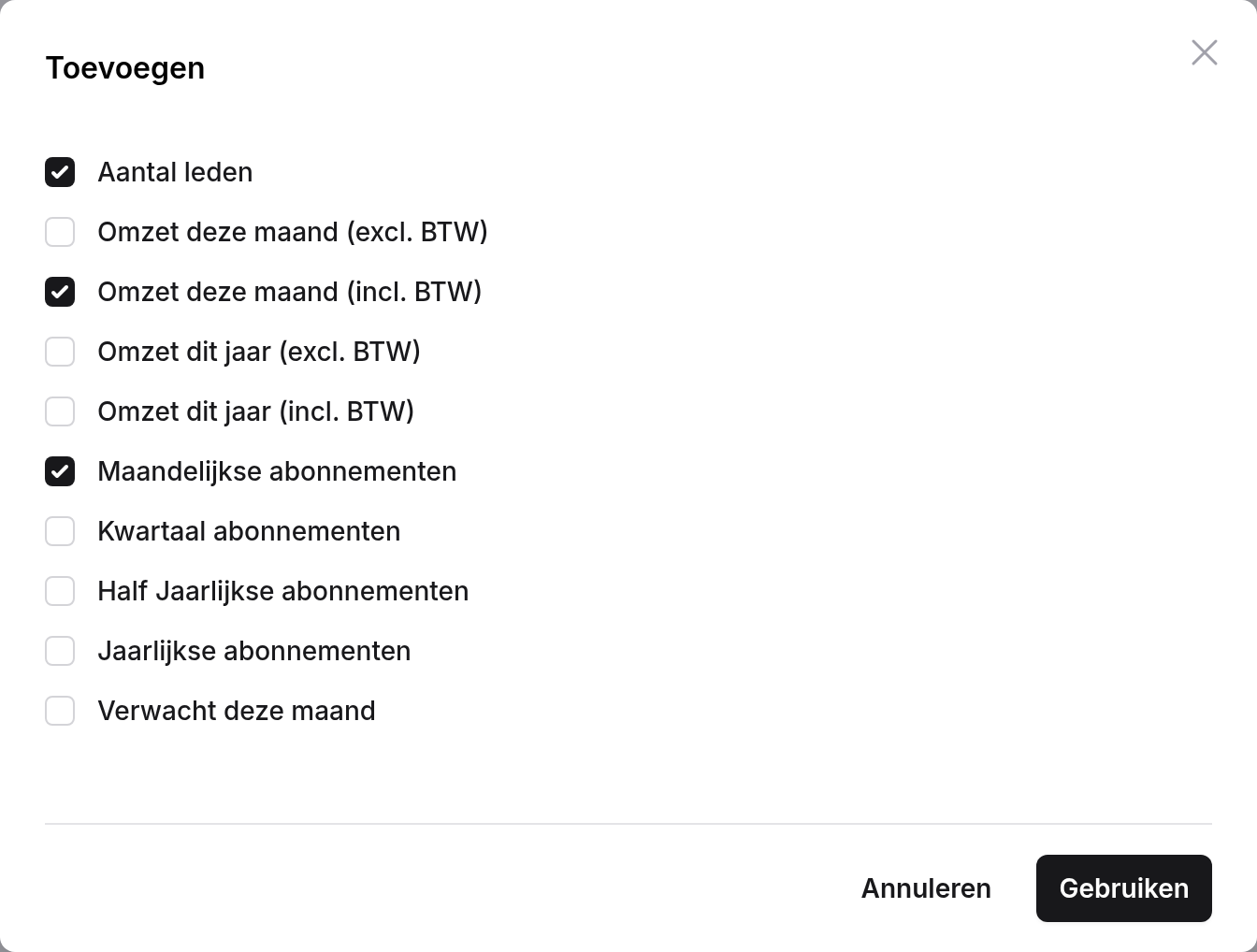 Venster Toevoegen met vinkjes voor alle beschikbare cijfers en de knoppen Annuleren en Gebruiken