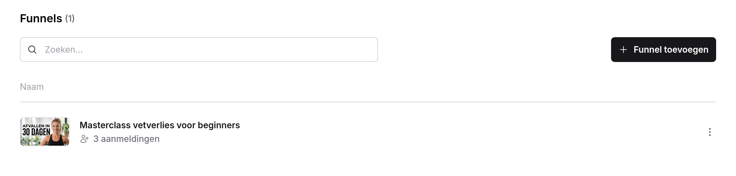 Pagina Funnels met een zoekveld, de knop Funnel toevoegen en een funnel met afbeelding en 3 aanmeldingen