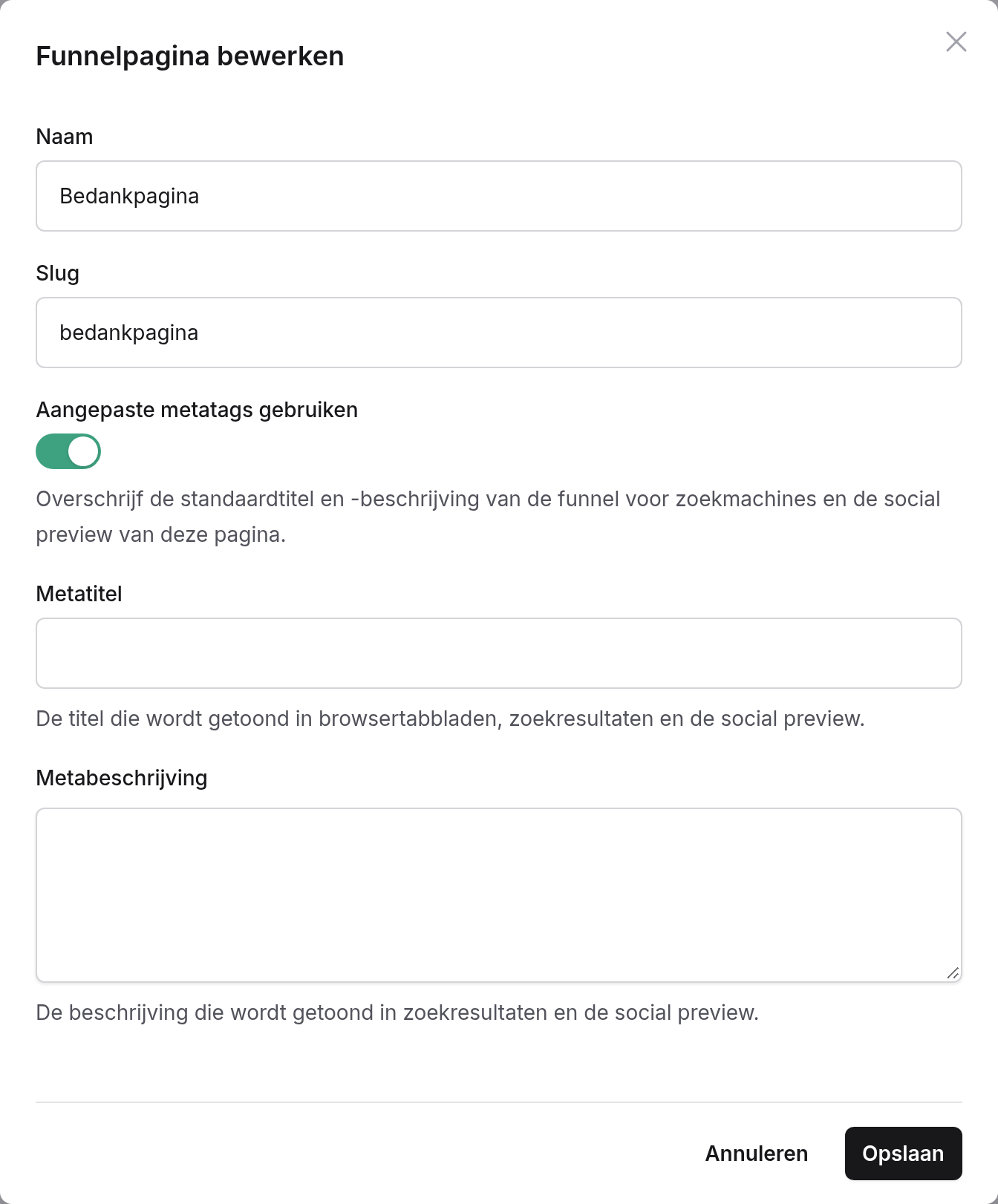Venster Funnelpagina bewerken met Naam, Slug, Aangepaste metatags gebruiken aangezet, Metatitel en Metabeschrijving