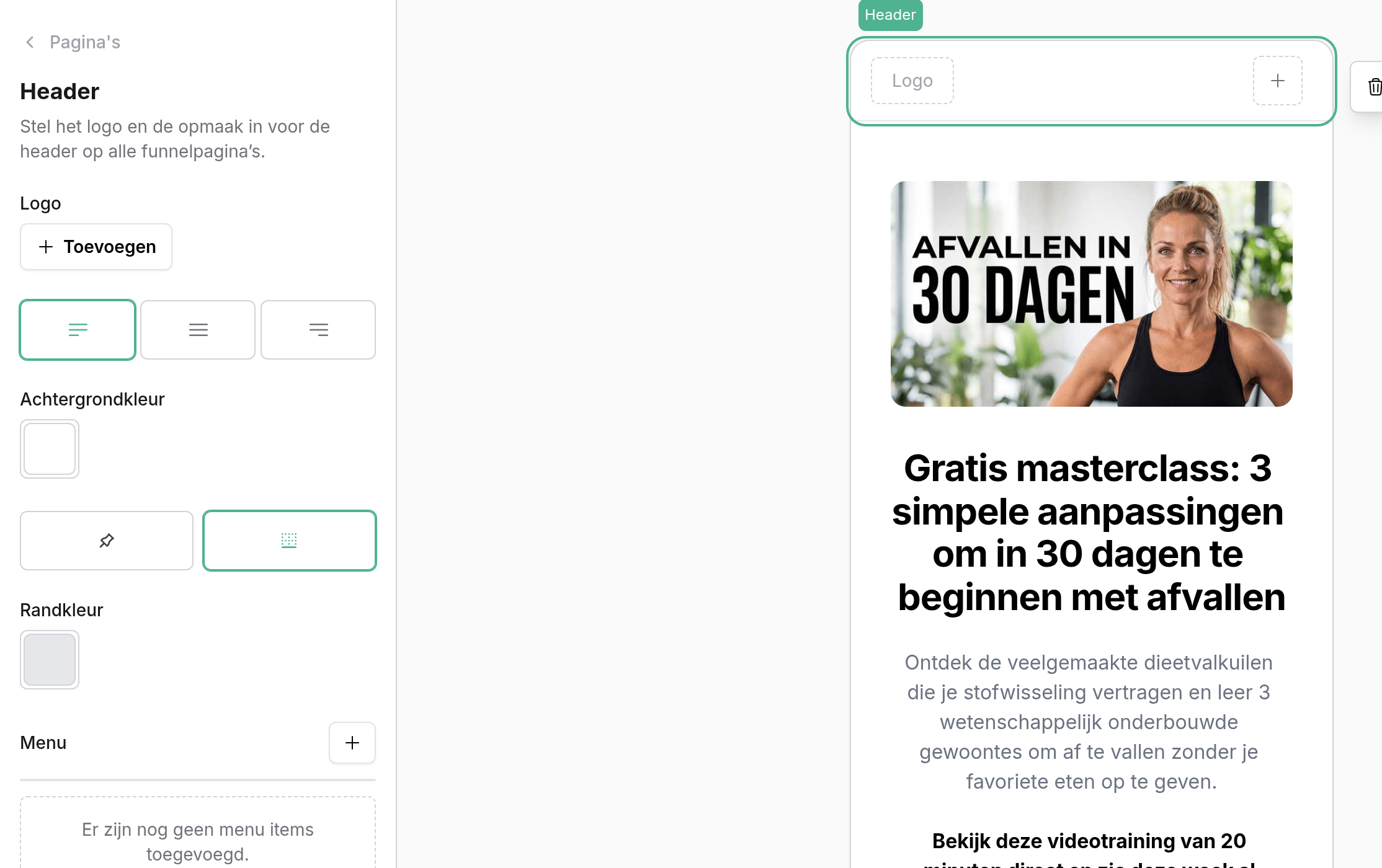 Paneel Header met Logo Toevoegen, de uitlijning van het logo, Achtergrondkleur, de knoppen voor vastzetten en rand en de header met een logovak en een plus voor een knop