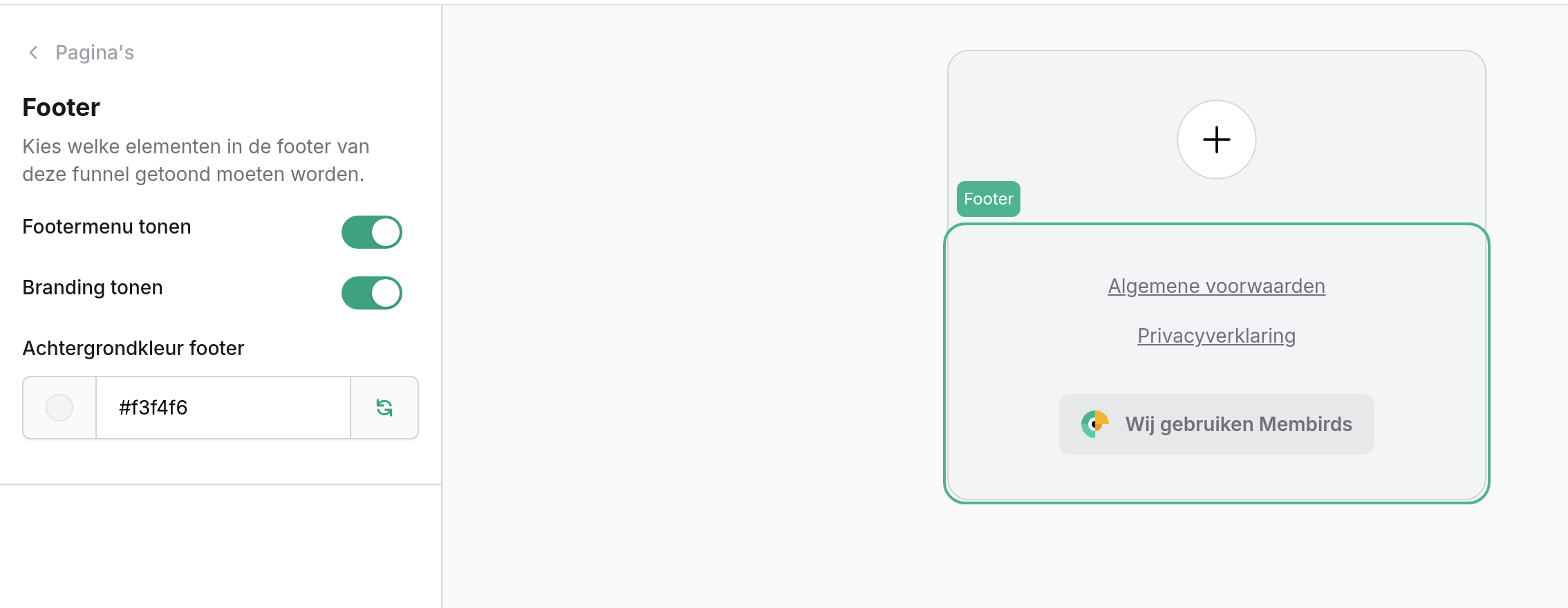 Paneel Footer met Footermenu tonen, Branding tonen en Achtergrondkleur footer, naast de footer met de algemene voorwaarden, de privacyverklaring en Wij gebruiken Membirds
