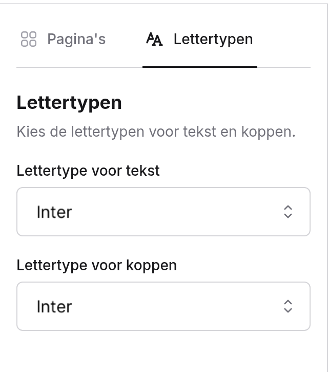 Tabblad Lettertypen met Lettertype voor tekst Inter en Lettertype voor koppen Inter