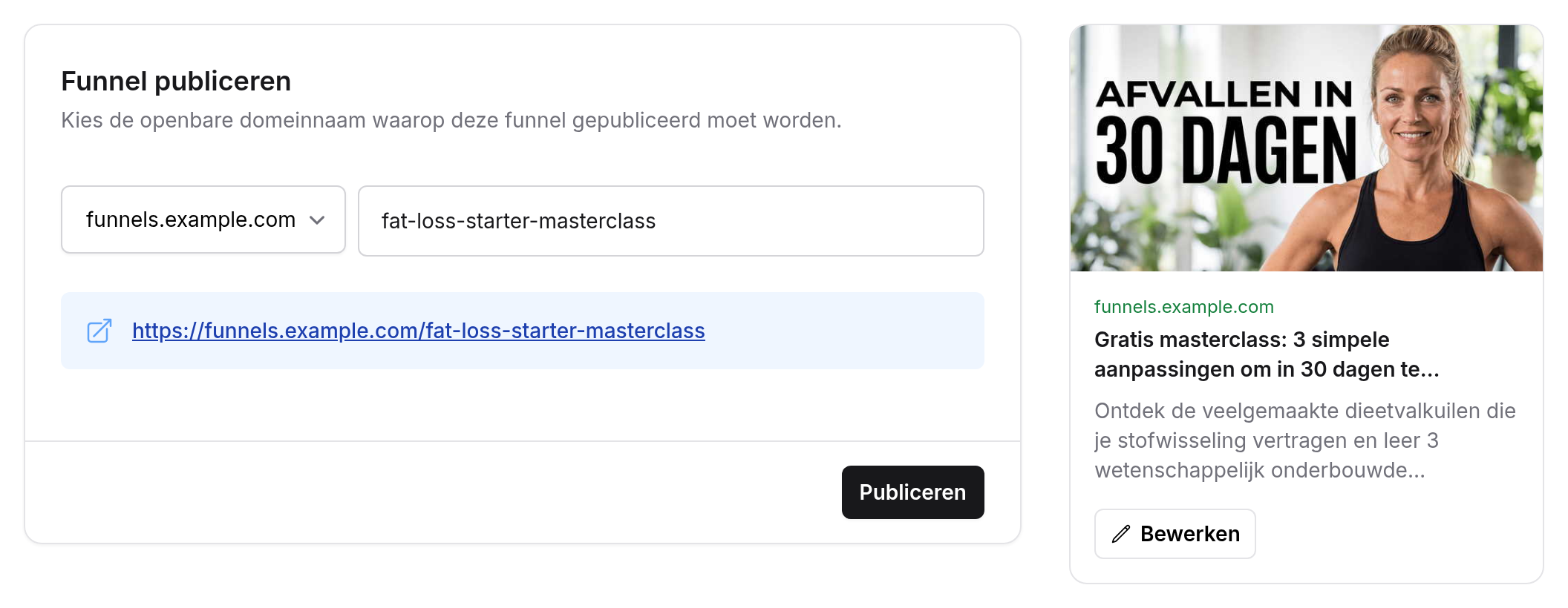 Funnel publiceren met de funnel domeinnaam funnels.example.com, de slug, de volledige link en daarnaast de preview van hoe de funnel eruitziet als hij gedeeld wordt