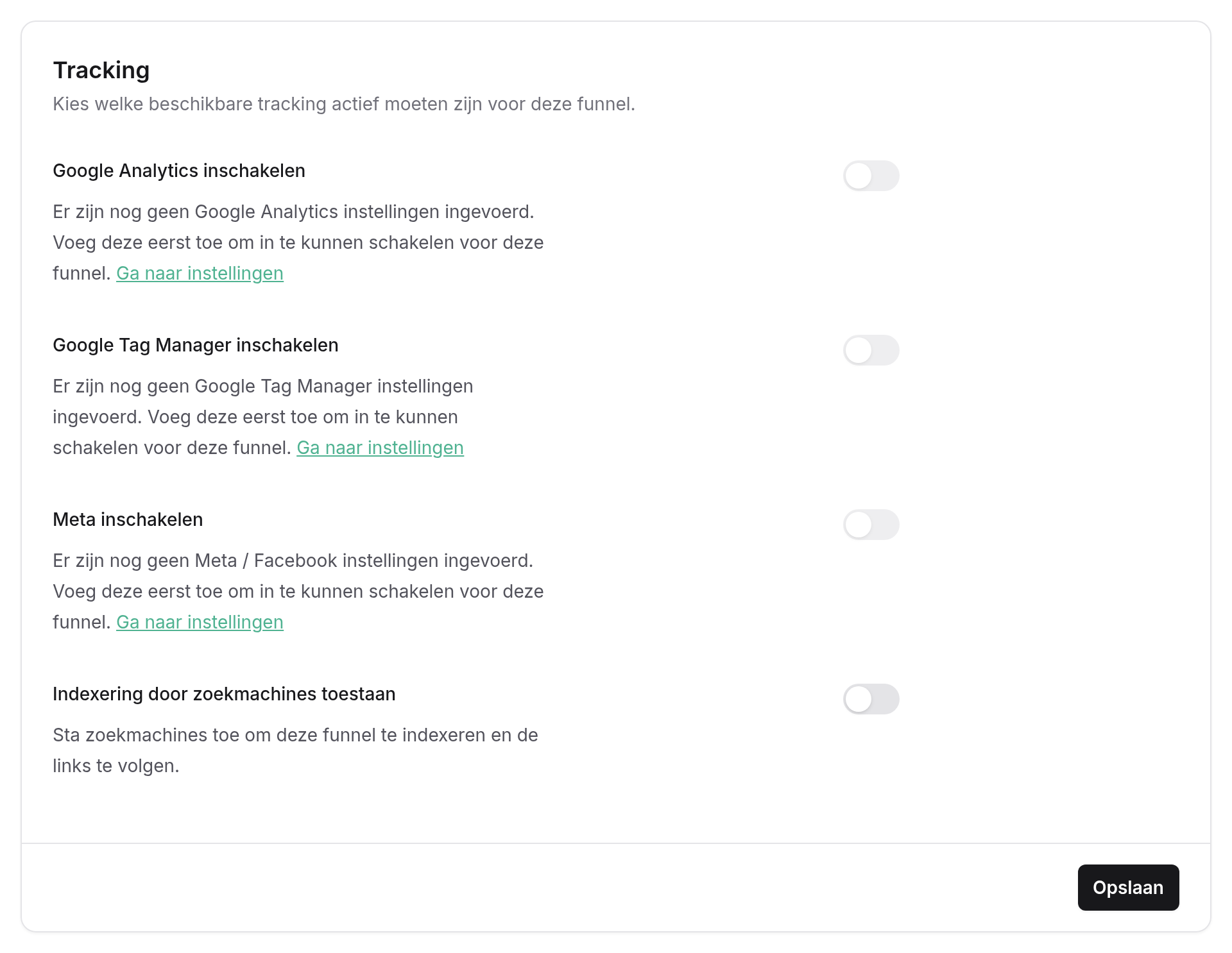Tabblad Tracking met Google Analytics inschakelen, Google Tag Manager inschakelen, Meta inschakelen en Indexering door zoekmachines toestaan
