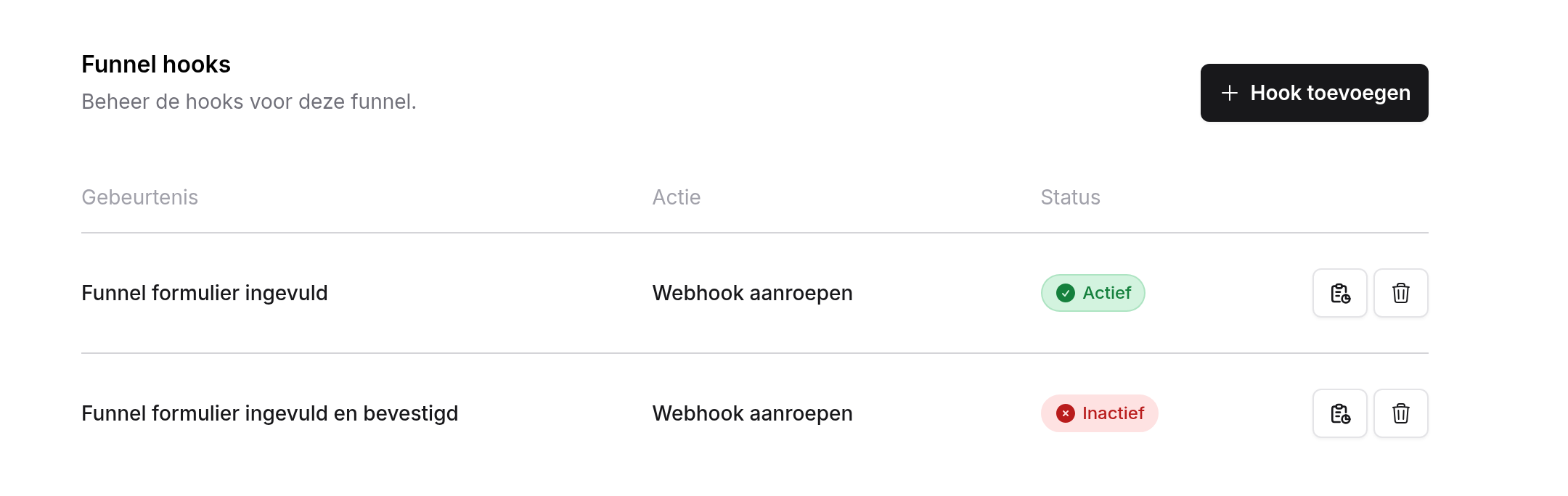 Funnel hooks met de hooks Funnel formulier ingevuld, Webhook aanroepen, Actief en Funnel formulier ingevuld en bevestigd, Webhook aanroepen, Inactief