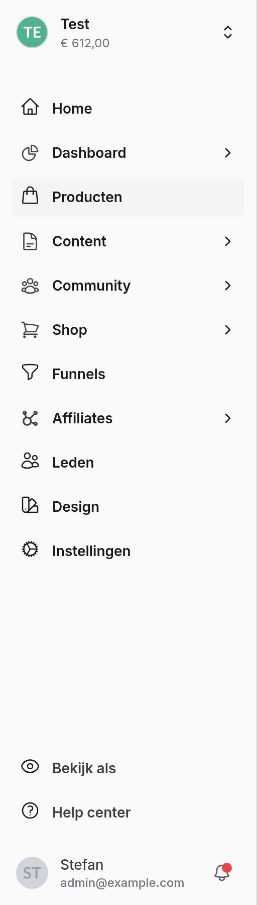 Menu met Home, Dashboard, Producten, Content, Community, Shop, Funnels, Affiliates, Leden, Design en Instellingen, en onderaan Bekijk als, Help center en het account