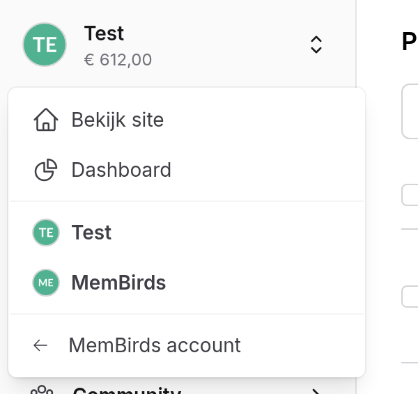 Geopende sitewisselaar met Bekijk site, Dashboard, een lijst met sites en MemBirds account