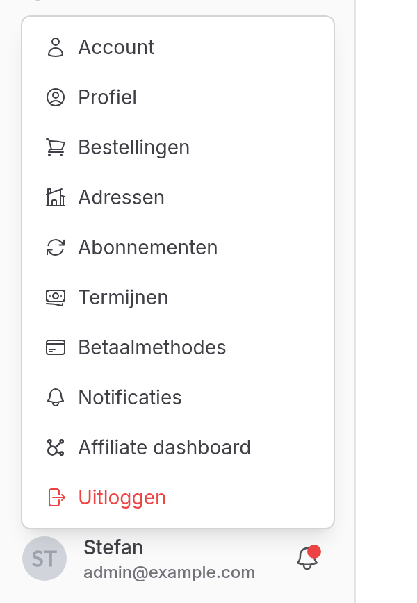 Accountmenu met Account, Profiel, Bestellingen, Adressen, Abonnementen, Termijnen, Betaalmethodes, Notificaties en Uitloggen