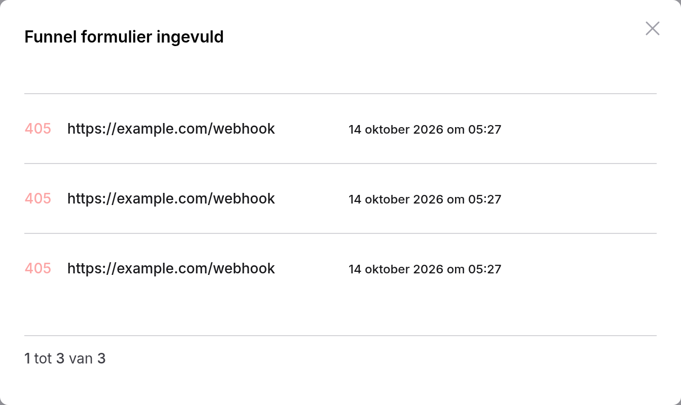 Logs van Funnel formulier ingevuld met drie regels 405 https://example.com/webhook en de datum en tijd