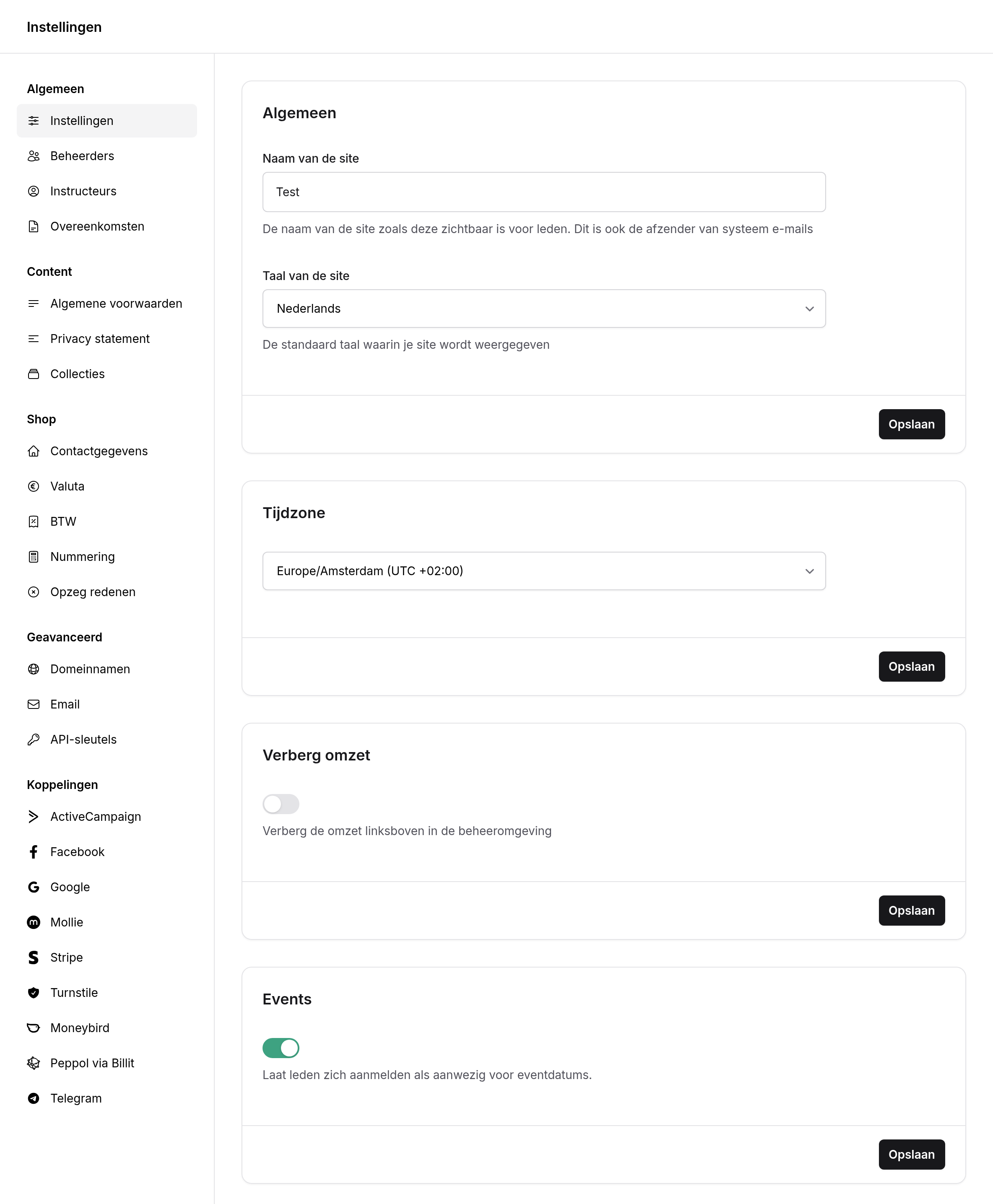 Pagina Instellingen met links de menuonderdelen Algemeen, Content, Shop, Geavanceerd en Koppelingen, en rechts de kaarten Algemeen (Naam van de site, Taal van de site), Tijdzone, Verberg omzet en Events, elk met een knop Opslaan