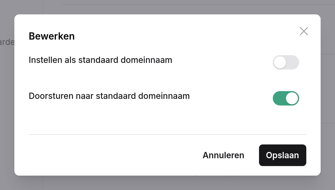 Venster Bewerken met de schakelaars Instellen als standaard domeinnaam (uit) en Doorsturen naar standaard domeinnaam (aan), en de knoppen Annuleren en Opslaan