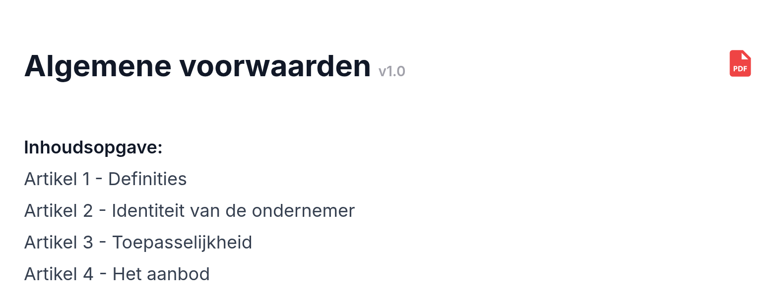 Pagina Algemene voorwaarden v1.0 met een rood pdf-icoon rechtsboven en het begin van de inhoudsopgave