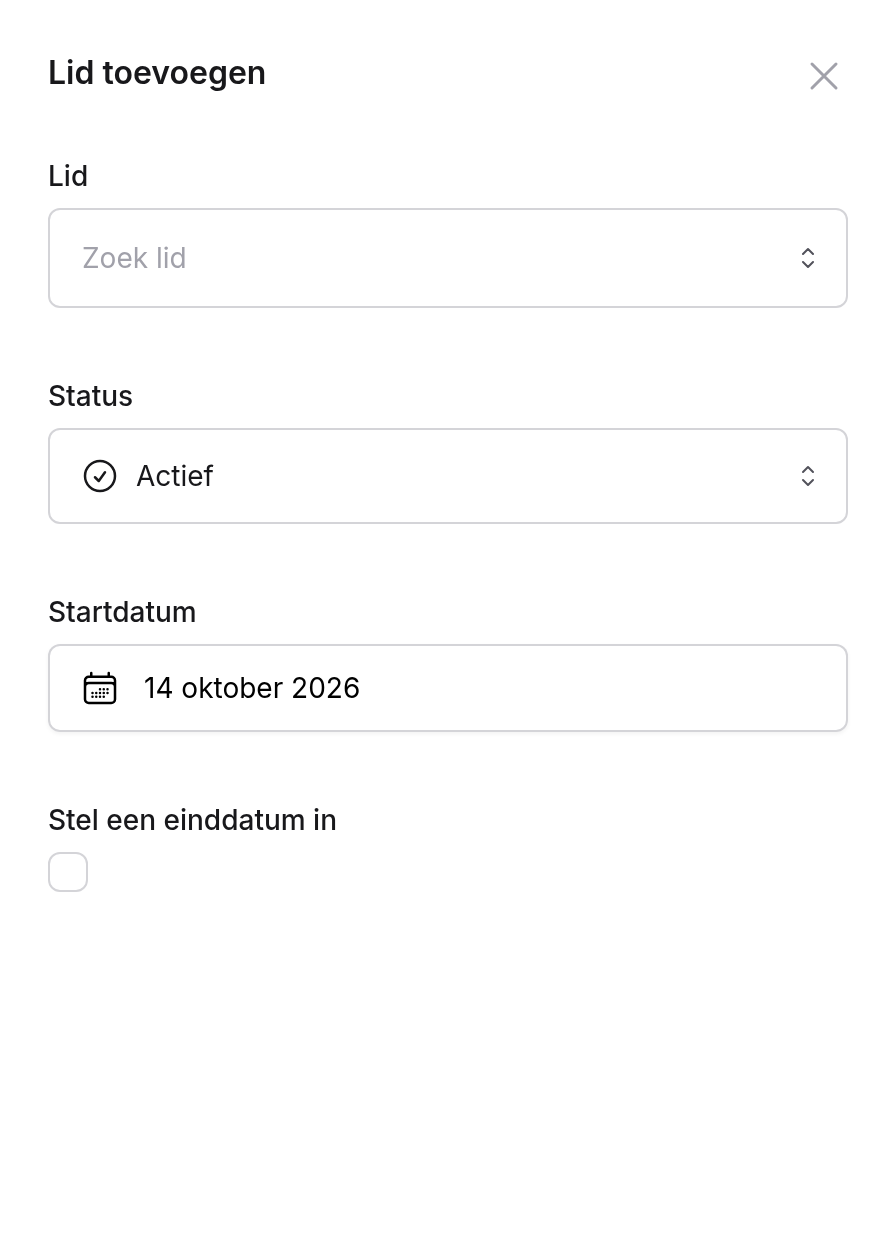 Paneel Lid toevoegen met de velden Lid, Status, Startdatum en Stel een einddatum in