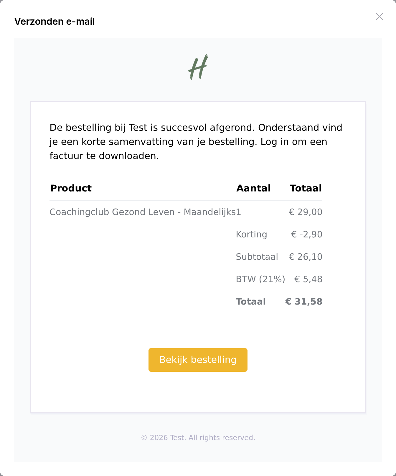 Venster Verzonden e-mail met de orderbevestiging: producten, korting, subtotaal, btw, totaal en een knop om de bestelling te bekijken
