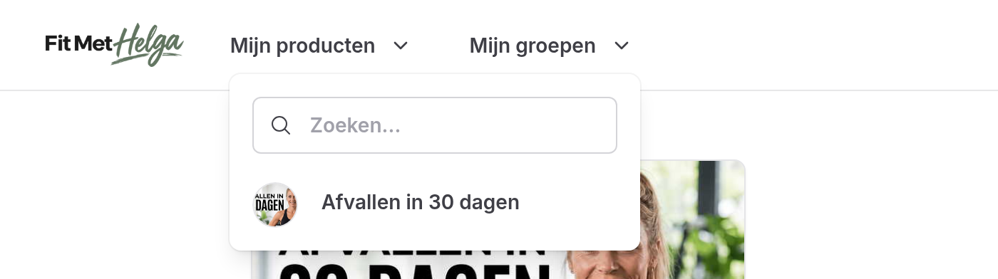 Navigatiebalk met Mijn producten opengeklapt: een zoekveld en één product met afbeelding