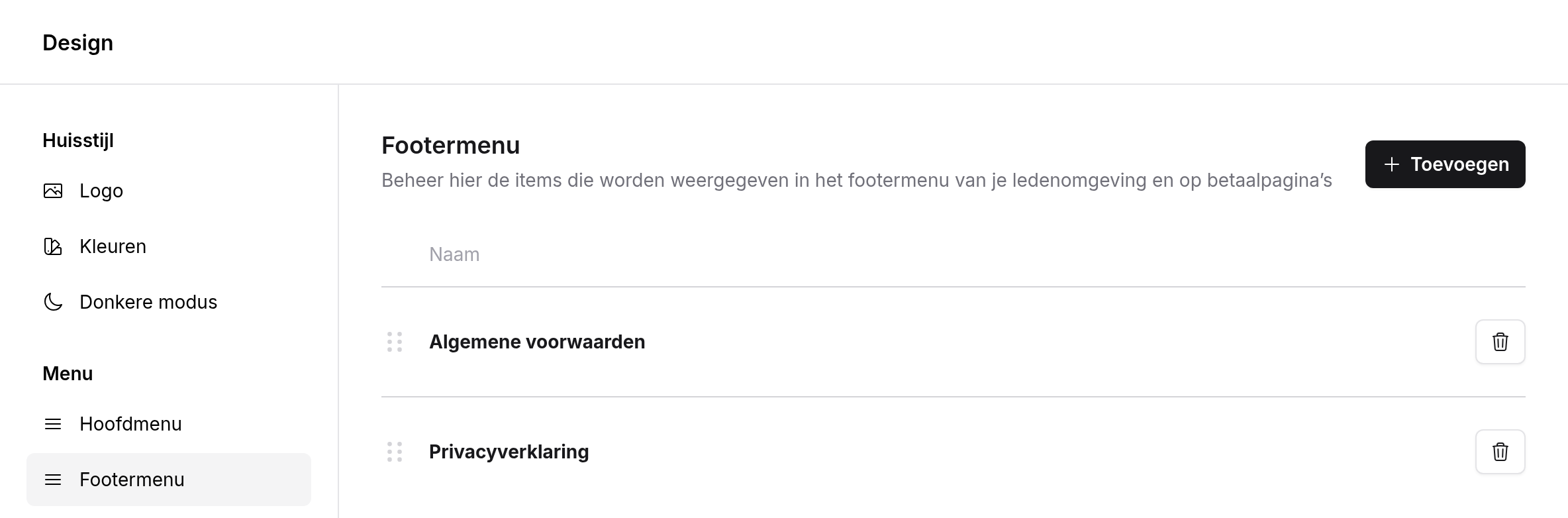 Pagina Footermenu met de items Algemene voorwaarden en Privacy statement en een knop Toevoegen